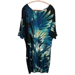 Bisou Bisou Floral Black Blue Multi Spring Summer Midi Tunic Dress Size 8 EUC